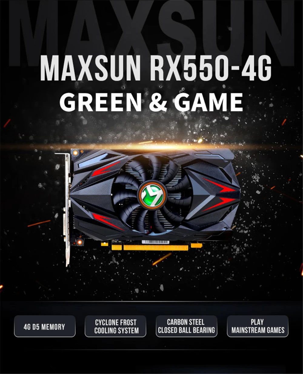 Графическая карта MAXSUN rx 550 трансформаторы 4G AMD GDDR5 128bit 1183 МГц 6000 МГц 14nm HDMI+ DP+ DVI PWM 50 Вт 512 единиц rx550 видеокарта