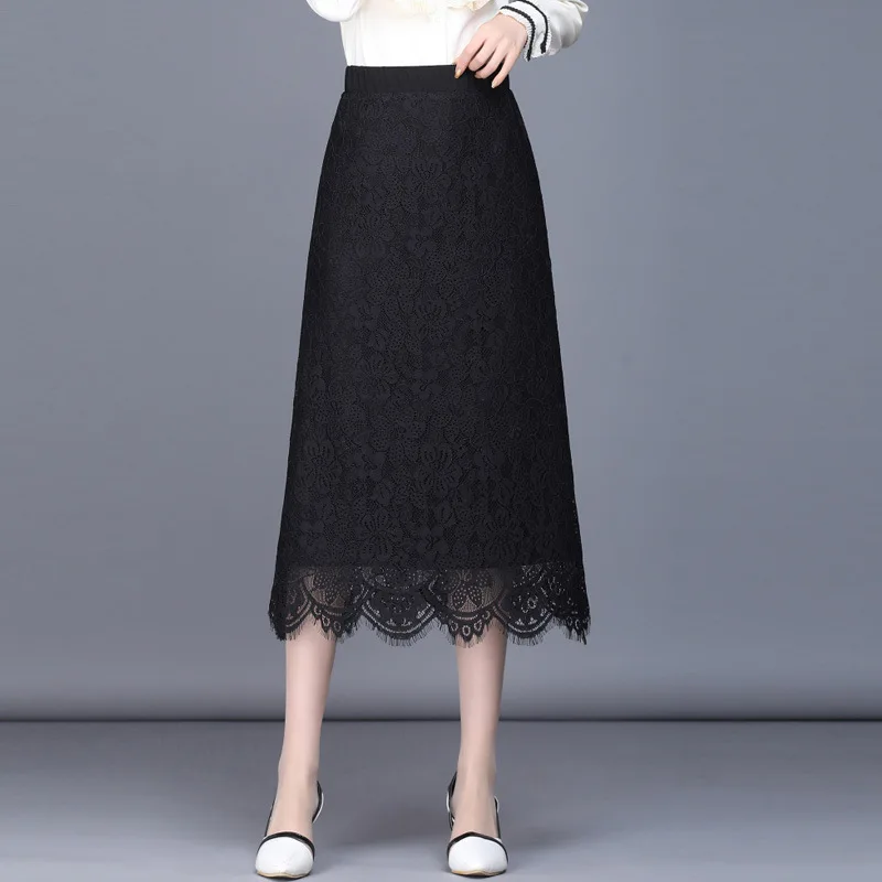 

2019 Spring Summer Woman High Waist Lace A Line Long Skirt Korean Style Slim Fit Black Mid-calf Skirt Elegant Office Lady Skirt