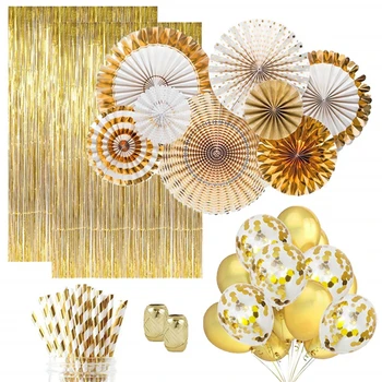 

Gold Birthday Party Decorations Set Paper Fans Confetti Latex Balloon Foil Fringe Curtain for Wedding New Year Festival Decor
