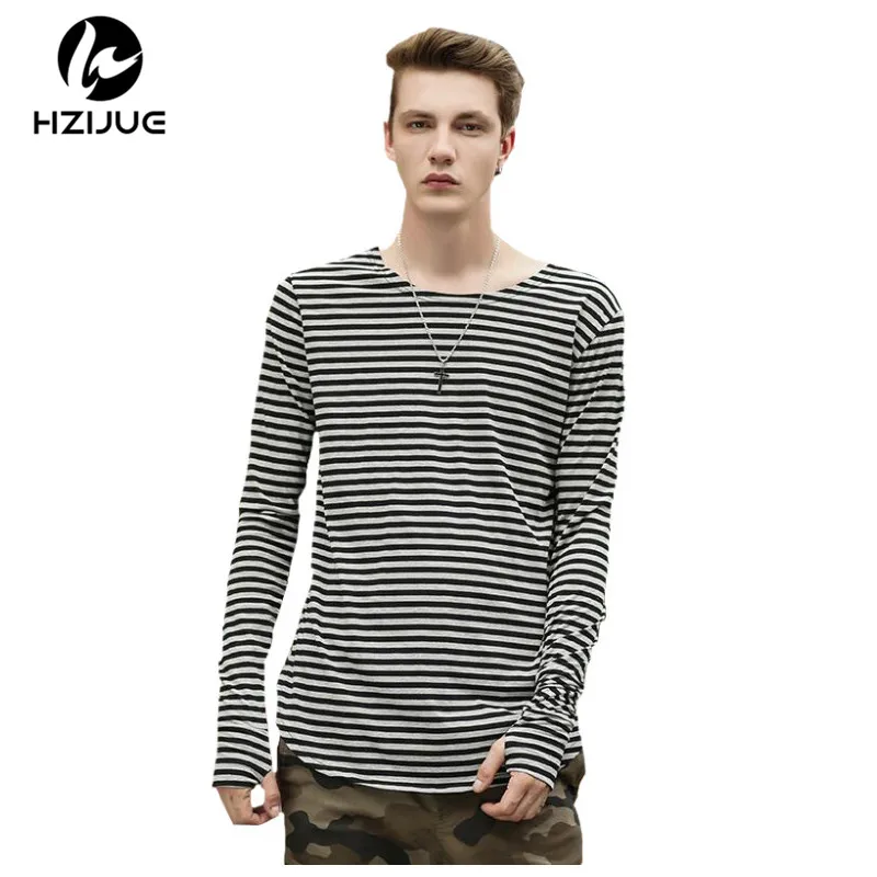HZIJUE 2017 Justin bieber T-Shirt Mens Hip Hop Streetwear Striped Tee Long hole Sleeve O-neck T Shirt kanye Plus size t-shirts
