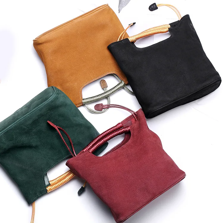 

2019 Spring and Autumn first layer of real leather retro bucket bag handbag shoulder diagonal weave bag small messenger bag