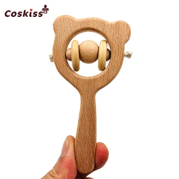 

5pcs Traditional Rattle with Bear Organic Wooden Rattle Teething Toy Natural Infant Toy Hand-carved Beech and Linden rattle