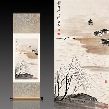 

Qi Baishi's mountain village, willow branch, antique silk scroll painting