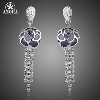 

AZORA Fancy Elegant Purple Opal covered with Hollow Flower Clear Micro Stellux Austrian Crystal Tassel Drop Earrings TE0262