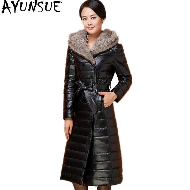 

AYUNSUE Genuine Leather Jacket Natural Skeepskin Coat Winter Down Jackets For Women Long Coats Real Mink Fur Hooded 5XL WYQ837