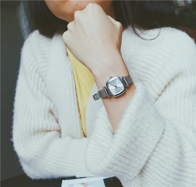 Простые женские модные часы с квадратным циферблатом, дизайн из нержавеющей стали, сетчатый ремешок, женские часы BGG, Ретро стиль, женские кварцевые часы, подарки