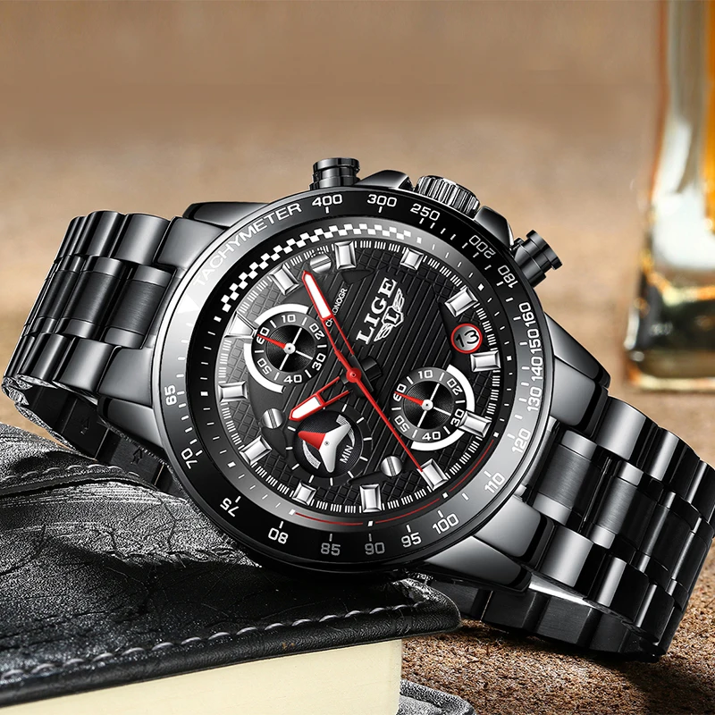 

LIGE Mens Watches Top Brand Luxury Fashion Business Quartz Watch Men Sport Full Steel Waterproof Black Clock relogio masculino