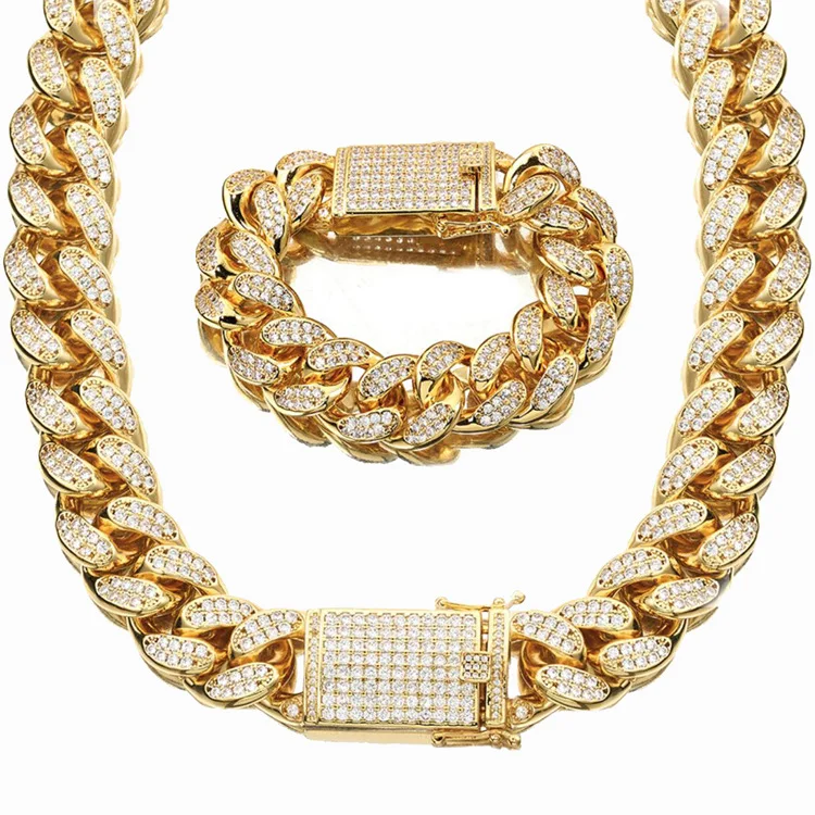 Prima Cíclope difícil Conjunto de collar y pulsera cubana con diamantes de imitación para hombre,  joyería de cadena de eslabones ostentosos, estilo Hip Hop, Color dorado,  18mm de ancho _ - AliExpress Mobile