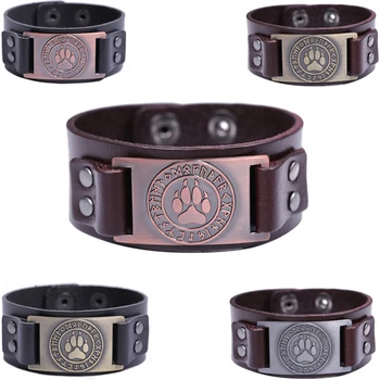 

5PCS Bear Paw Handmade Real Leather Bracelet Wolf Claws Viking Bracelets Nordic Runes Wristbands Odin Symbol Bangles Jewelry