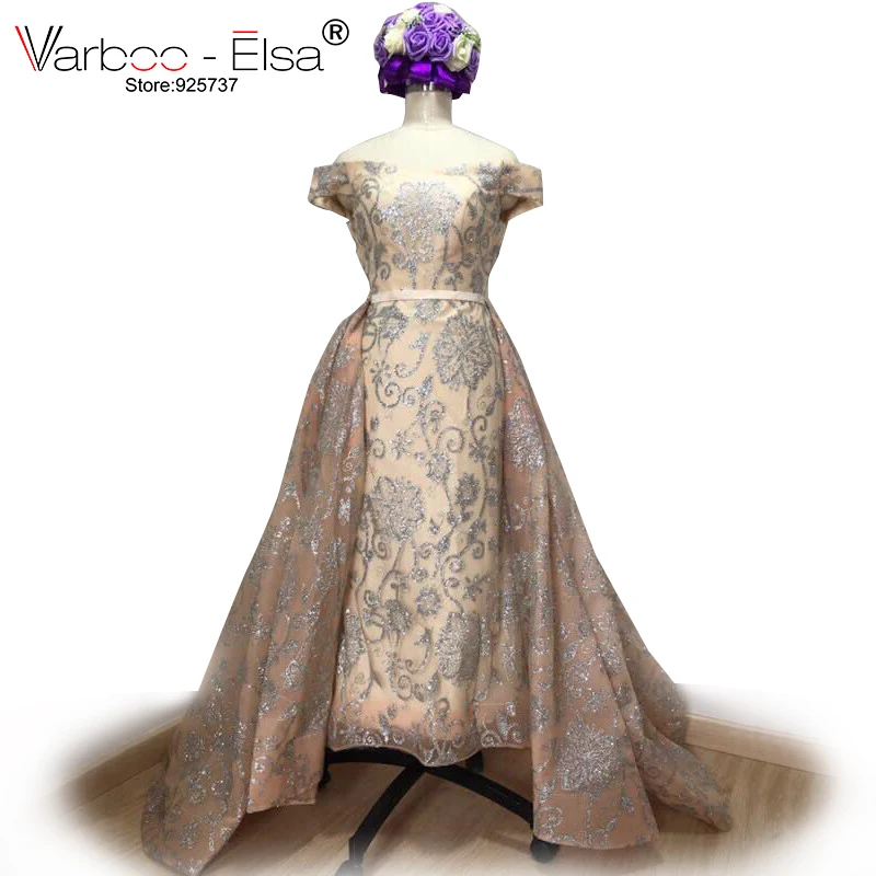 VARBOO_ ELSA Silver Glitter Sequins Mermaid Evening Dress 2021 Arabic Dresses Detachable Train Gown Muslim | Свадьбы и торжества