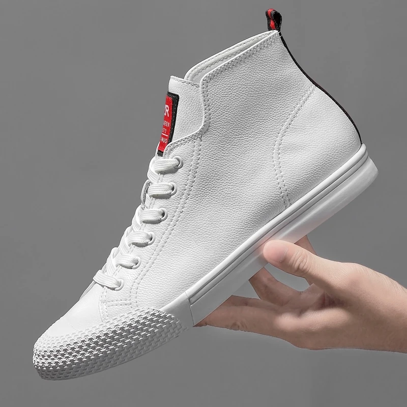 

Men Genuine Leather High-top Shoes Lace-up Young Men Casual Men Trend Sneakers Mens Loafers Simple White Winter Plus Velvet