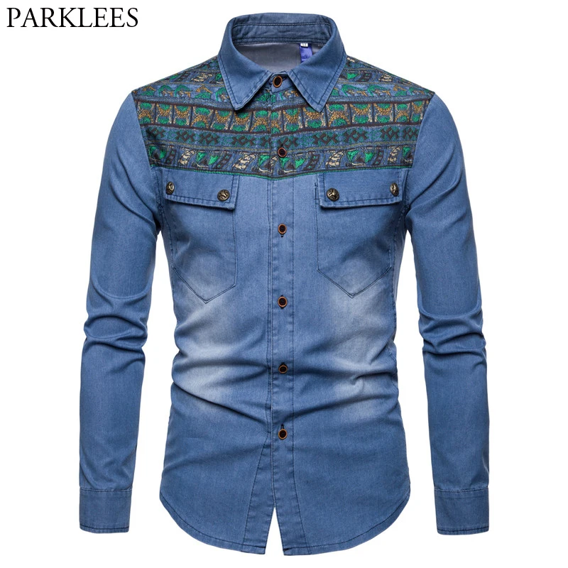 

Dashiki Denim Shirt Men Casual Long Sleeve Mens Jeans Shirts Slim Fit Ethnic Print Chemise Homme Streetwear Camisa Hombre XXXL