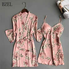 BZEL Женский комплект нижнего белья, Сексуальный банный халат из двух частей с длинным рукавом, Цветочный атласный Шелковый домашний пижамный комплект, женские сексуальные пижамы