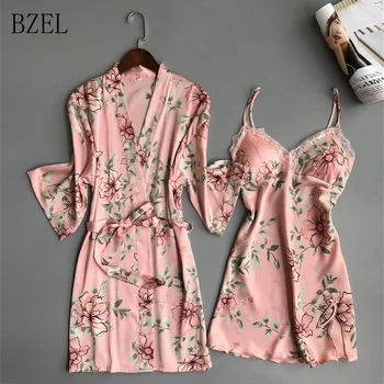 

BZEL Women's Lingerie Set New Two-piece Sexy Bathrobe Long Sleeve Floral Satin Silk Pajamas Set Homewear Women's Sexy Pajamas
