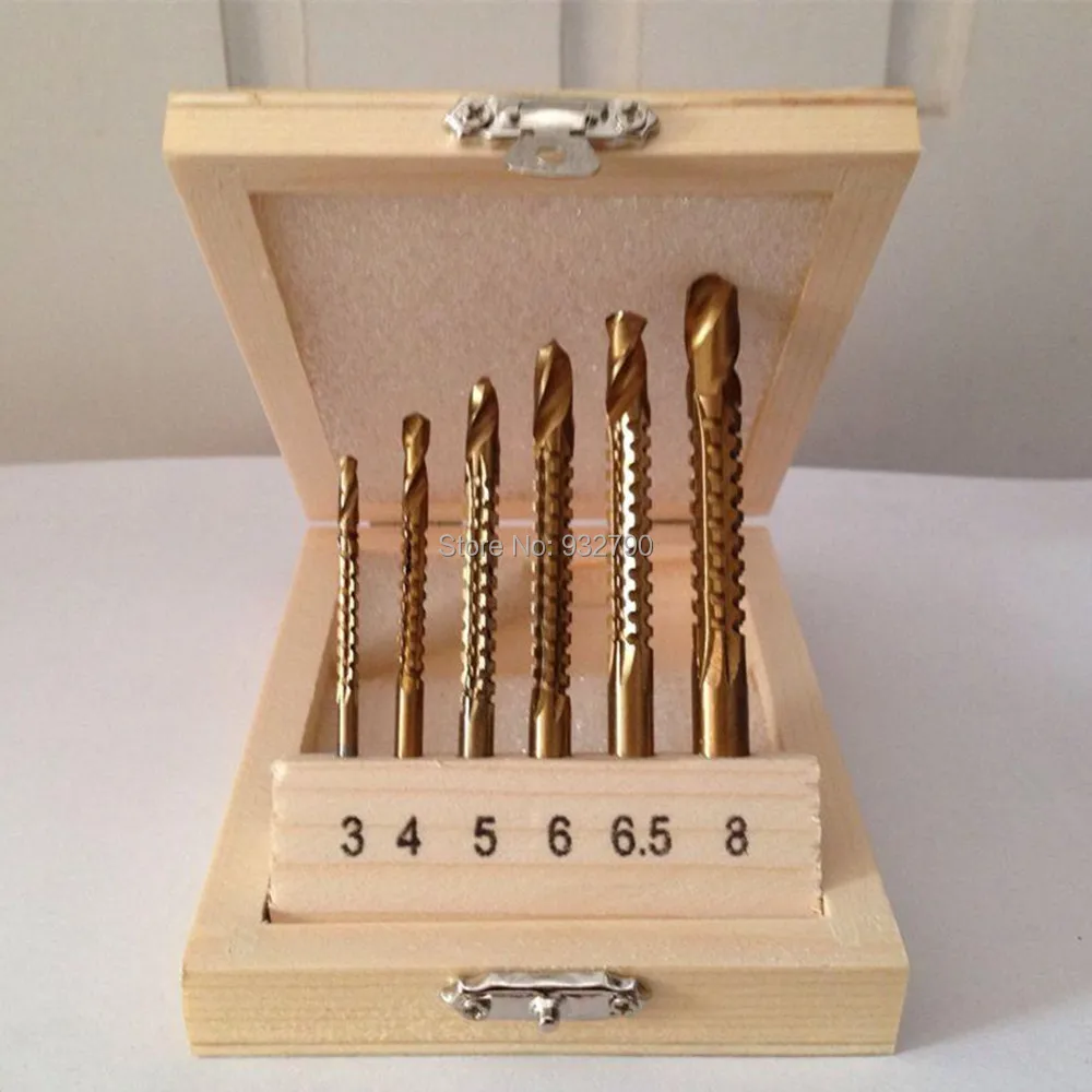 

New 6pcs 3mm 4mm 5mm 6mm 6.5mm 8mm Titanium Coated Drill Bits Wood Woodworking Hole Saw Grooving Bit Set Hss 3-8mm + Wood Case