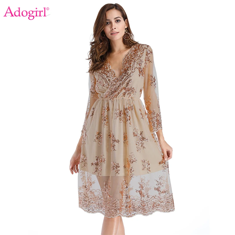 

Adogirl Lace Sequins Flare Dress Sheer Mesh Layered Sexy V Neck 3/4 Sleeve Midi Party Dresses Women Sexy Autumn Outfits Vestidos