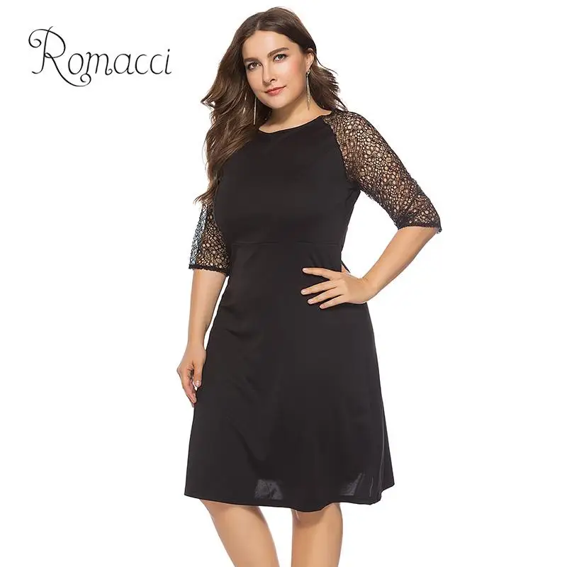 

Romacci Sexy Plus Size Dresses for Women 4xl 5xl 6xl Sheer Lace Splice O Neck 3/4 Sleeve Ladies Midi Dress Clubwear Party Dress