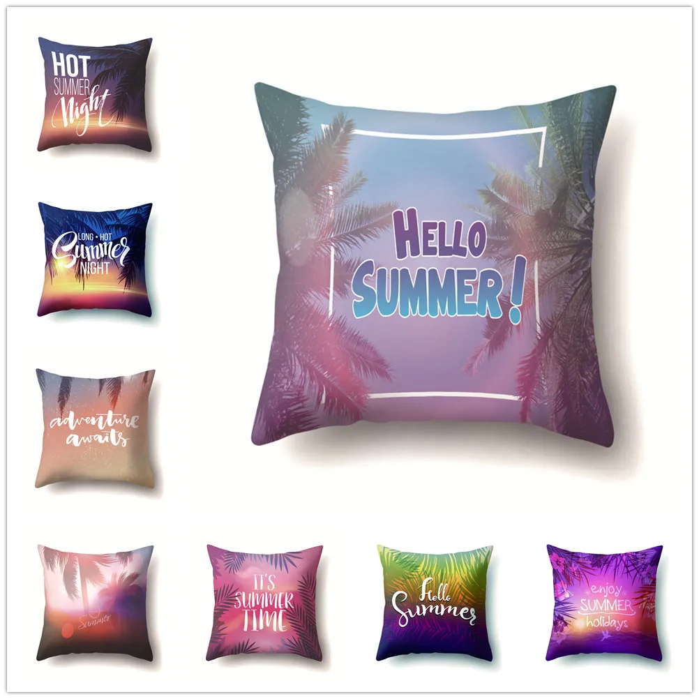 

Hello Summer Cushion Cover Coconut Tree Beach Sun Scene Pattern Polyester Pillowcases Home Decor for Sofa Car Living Room 45x45