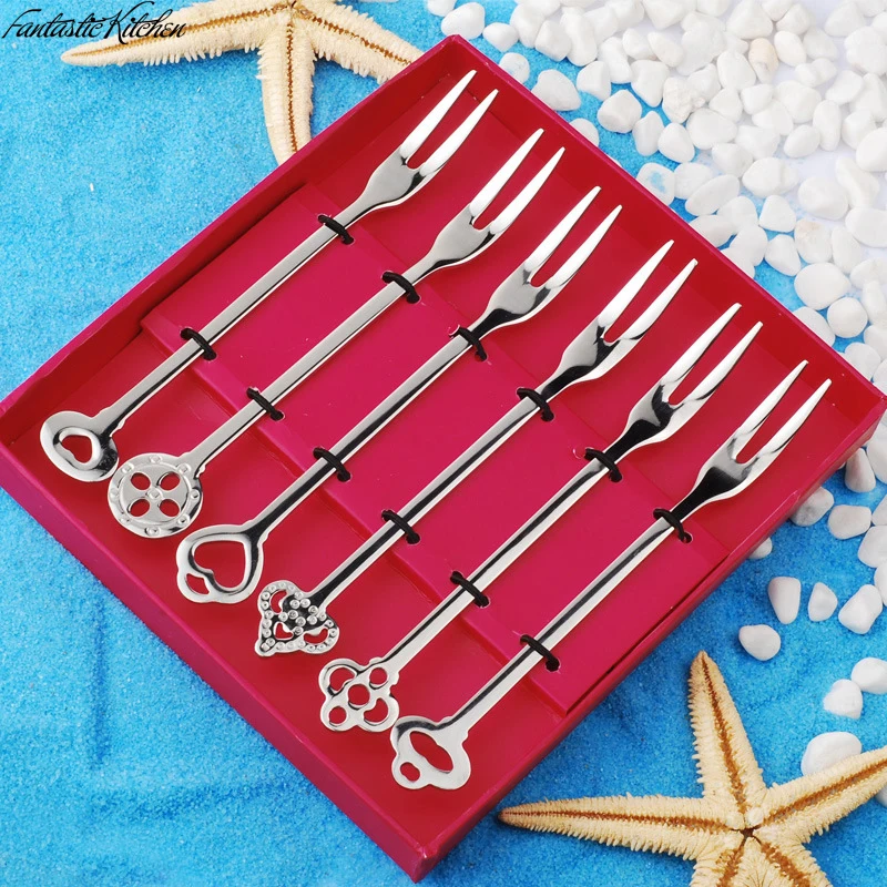 

6-Piece Dessert Dining Bar Forks Set 2 Tines Fruit Salad Fork Cutlery Flatware High Quality Stainless Steel Mirror Polishing
