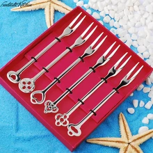 6-Piece Dessert Dining Bar Forks Set 2 Tines Fruit Salad Fork Cutlery Flatware High Quality Stainless Steel Mirror Polishing
