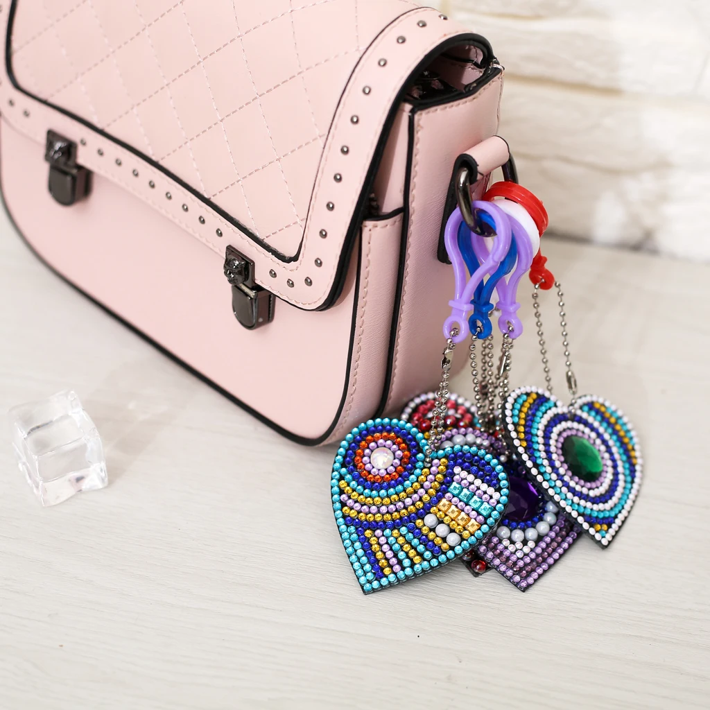 5pcs Heart Keychain Leather Tassel Gold Key Holder Metal Crystal diamond painting Key Chain Keyring Charm Bag Auto Pendant Gift