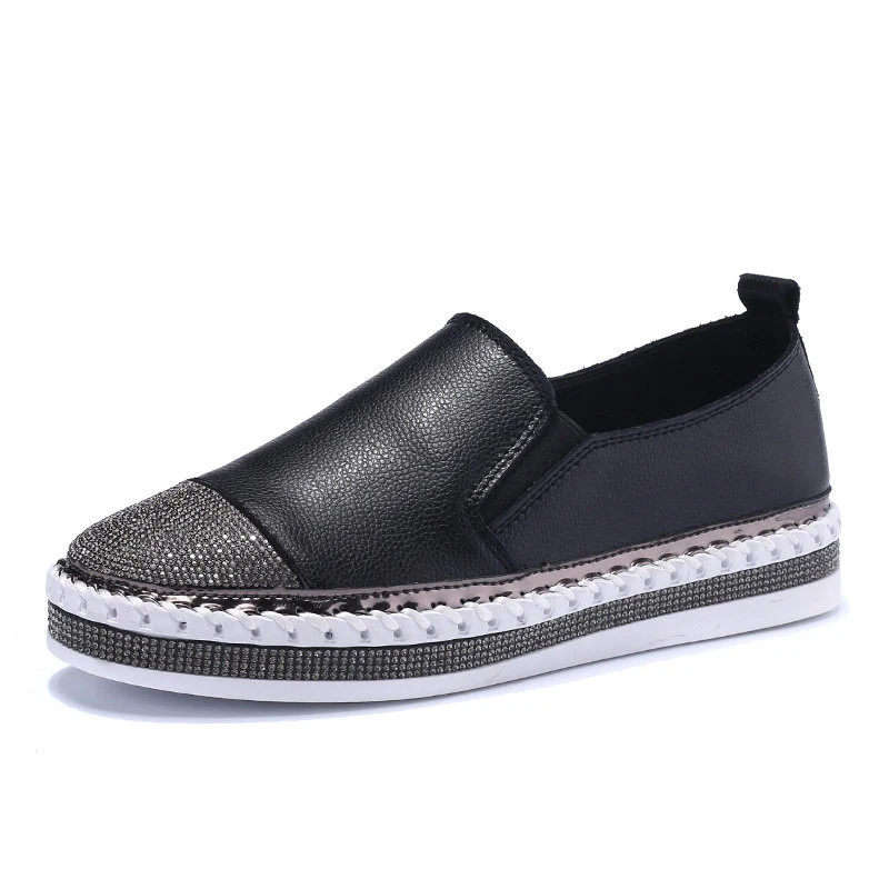 Yu kube/кроссовки из натуральной кожи с кристаллами; лоферы; обувь; коллекция года; женская обувь на плоской платформе с застежкой-липучкой; женская белая прогулочная обувь - Цвет: black 1
