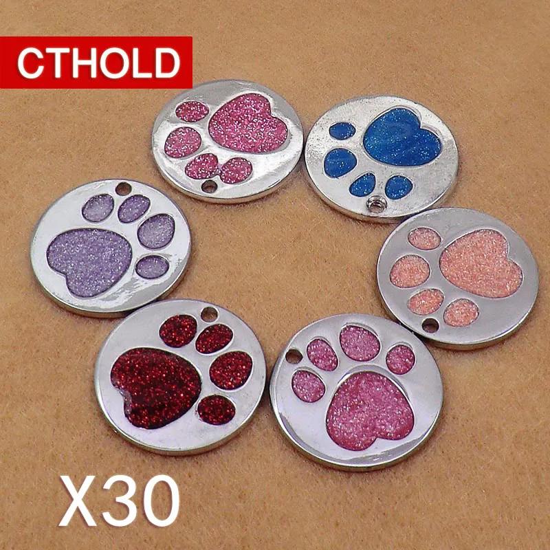 

CTHOLD 30pcs/lot circle dog paw shape id tag Glitter Stainless steel 3D blank Pet supplies Collar Accessories Engraved Tell
