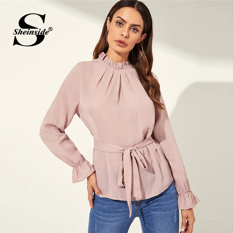 Sheinside Pink Frilled Neckline Self Belted Blouse Womens