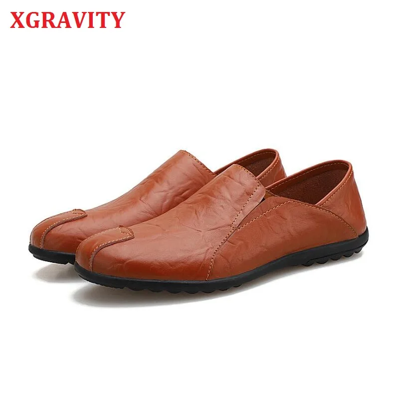 

XGRAVITY Larger Size Fashion Spring Summer Leather Men Flat Casual Shoes Flats Driver Footwear Breathable Slip On Footwear A175