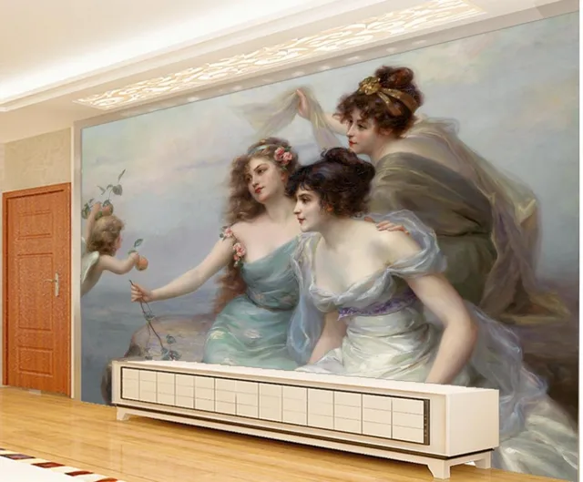 Kertas Dinding 3d Kustom Lukisan Minyak Gaya Eropa Malaikat Kecil dengan Tiga Lukisan Dinding Latar Belakang Perempuan Cantik Kertas Dinding 3d - AliExpress