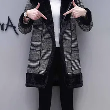 Клетчатое Женское зимнее пальто из искусственного меха, теплая верхняя одежда, повседневное пальто средней длины, черное, на одной пуговице, свободное, размера плюс, 2XL, шерстяное длинное пальто для женщин