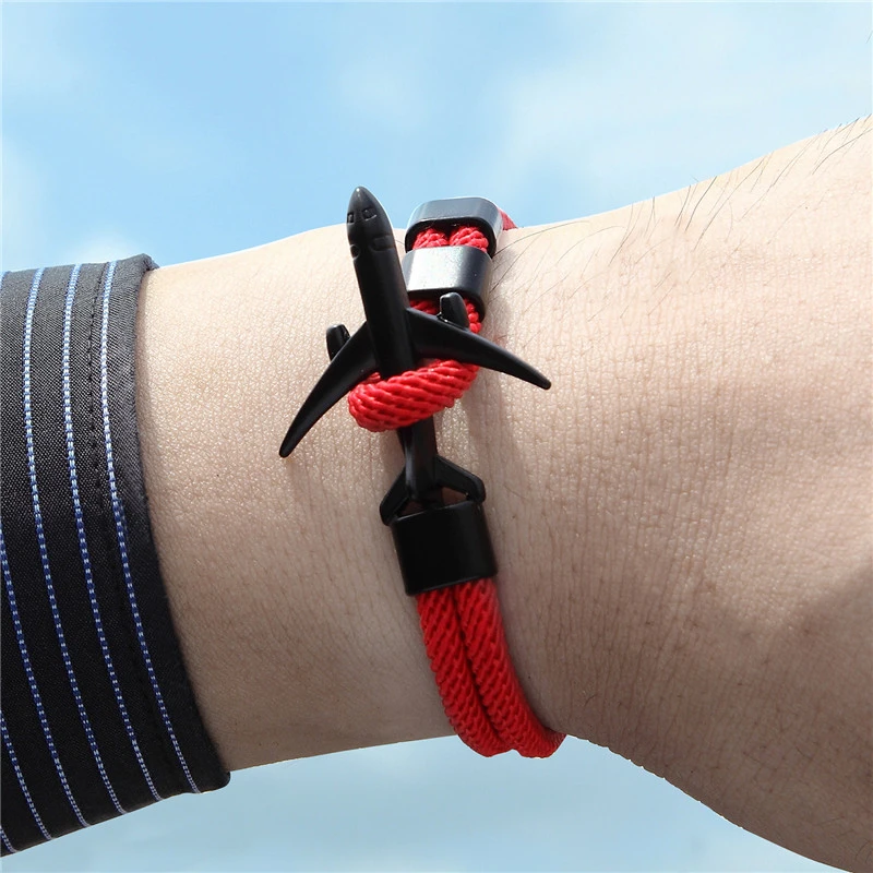 MKENDN Fashion Airplane Anchor Bracelets Men Charm Rope Chain Paracord Bracelet Male Women Air force style Wrap Metal Sport Hook