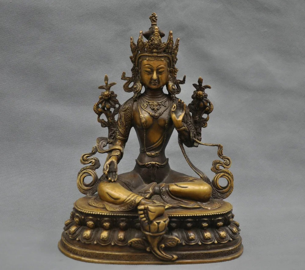 

12'' Elaborate Chinese Tibetan Brass Green Tara Buddha Statue
