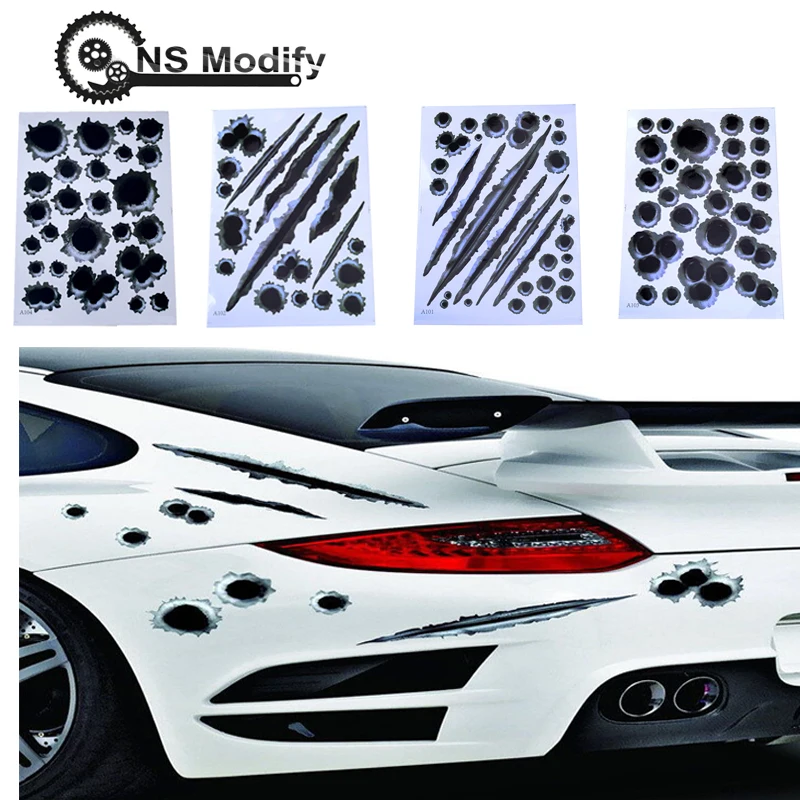 

NS Modify 1Pcs Car Styling Bullet Hole Waterproof Stickers Funny Car Stickers 3D Bullet Hole Motorcycle Scratch Realistic