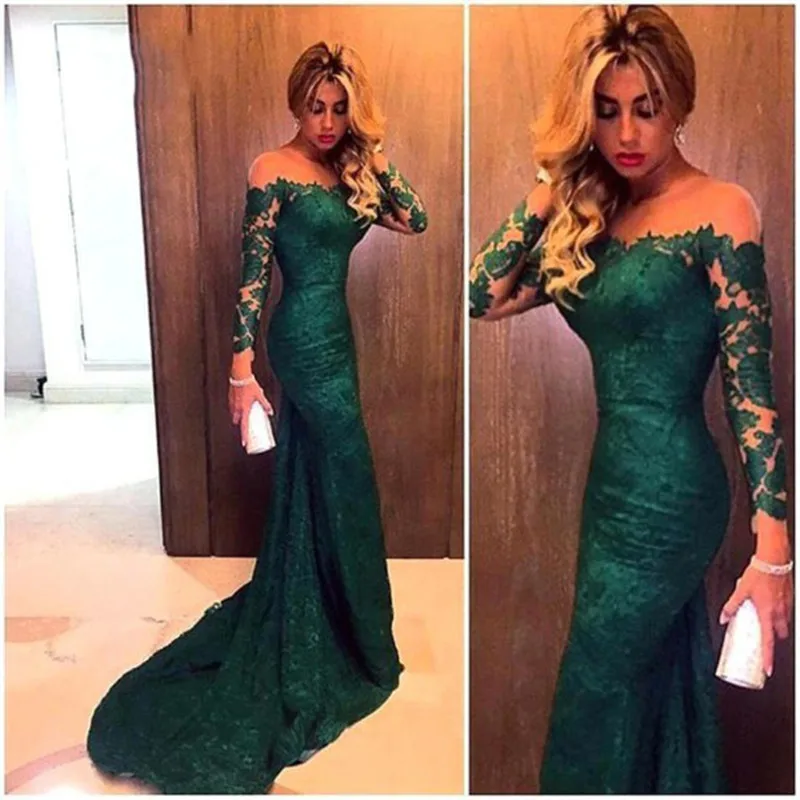 

2019 Long Sleeve Green Lace Mermaid Prom Dresses Elegant Sexy Slim Fit Dresses Custom Made Formal