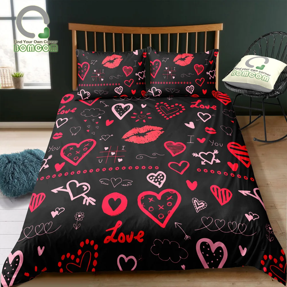 

BOMCOM 3D Digital Printing Bedding Set Handdraw Pink Doodle Heart Red Lips on Black 3-Pieces Duvet Cover Sets 100% Microfiber