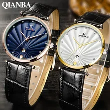 QIANBA Luxury Top Brand Quartz Men Women lover’s Genuine Leather Strap Simple Style Business Dress Casual Fashion Watch