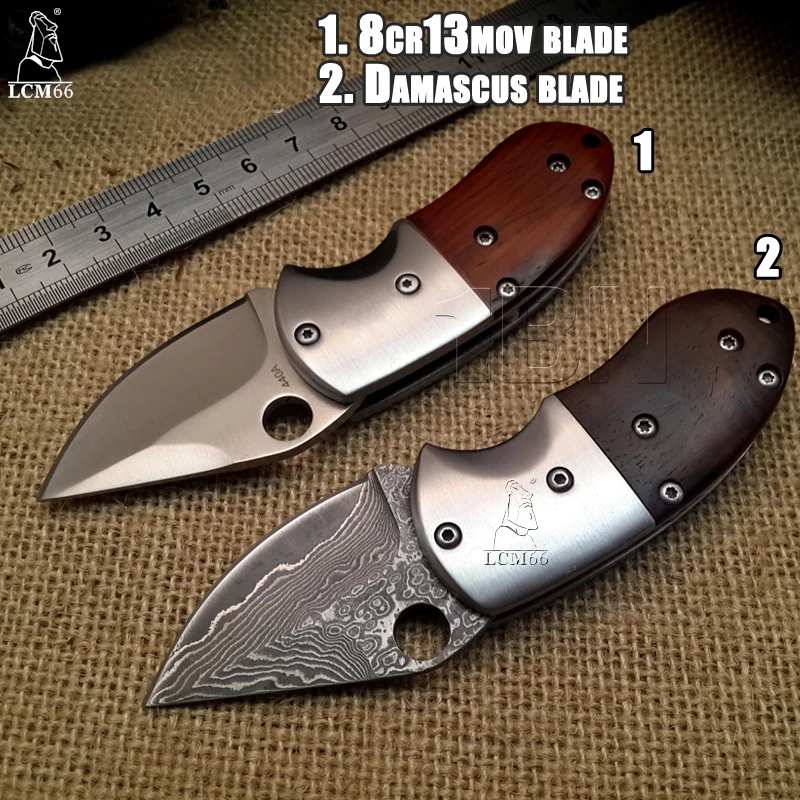 LCM66 Shootey Damascus Folding Knife Blade Cocobolo Steel Handle Survival Knives Mini Rescue Pocket Knife Gift