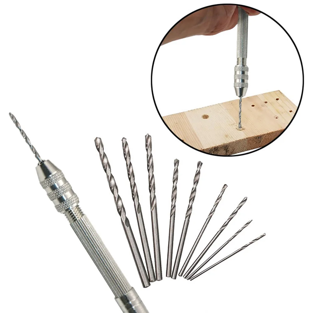 

High Quality Mini Micro Aluminum Hand Drill With Keyless Chuck +10pc Twist Drill Bit Woodworking Drilling Rotary Tools
