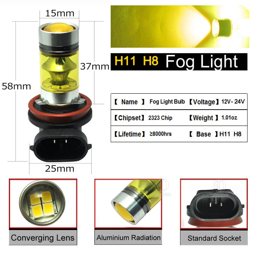 Автомобильный светодиодный светильник 2X H11 H8 100W Светодиодный 4300K желтый 2323 проектор противотуманная фара Светильник лампы MAY09