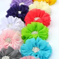 50ピース/ロット6.5センチ15色ふわふわバレリーナシフォン花+ラインストーン雪ボタン人工ファブリック花用キッズヘッドバンド