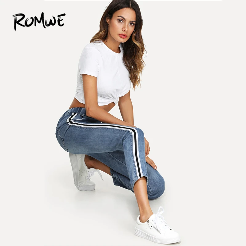 

ROMWE Blue Stripe Contrast Drawstring Waist Pocket Jeans Spring Casual Women Low Waist Denim Tapered Carrot Regular Pants
