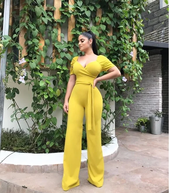 

Yellow simple street casual jumpsuit health cloth solid color LZ-422 rompers ladies one pieces jumpsuit workout womens clohte