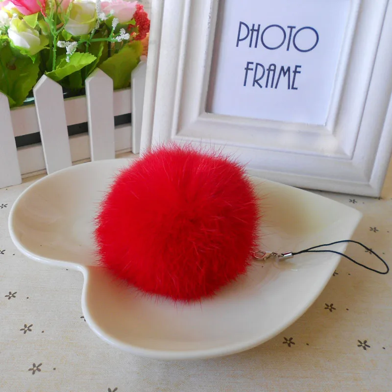 

Brand Fluffy Rabbit Fur Pompom 8CM For Bags&Cars Charm With Rope Natural Fur Balls Key Chain TKK069-red keyring women