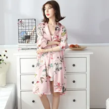 Kawaii женский Шелковый пижамный комплект, нижнее белье с принтом Атласный халат и Мини Ночное платье с длинным рукавом, комплект для отдыха из 2 предметов