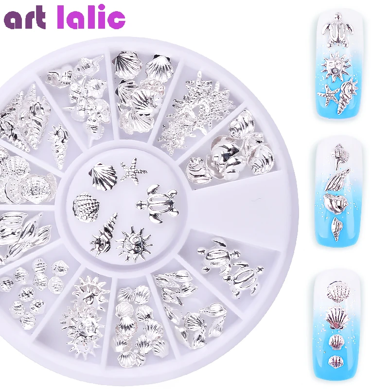 

12 Grid Nail Art Ocean Theme Metal 3D Studs Beads Gel Polish Sea Starfish Shell Hippocampal Slice Flakes Decoration