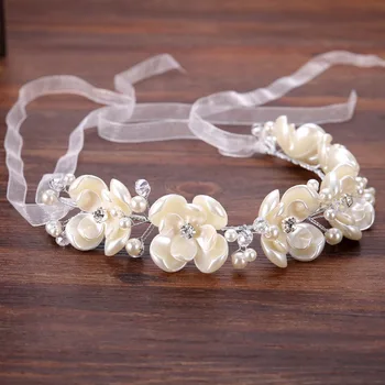 

Romantic Wedding Hair Accessories Bride Tiara Pearl Floral Jewelry Headbands Handmade Flowers Women White Ribbon Crown JL