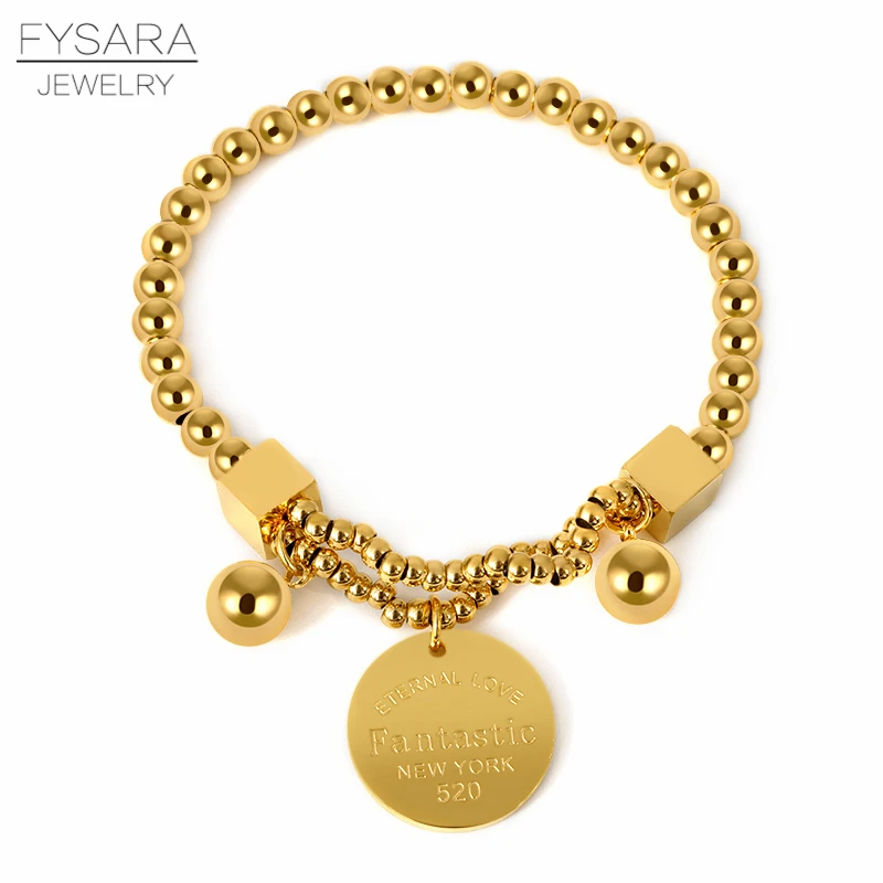 

FYSARA Couple 361L Stainless Steel Beaded Bracelets For Women Round Tag Eternal Love Charm Bracelets European Jewelry