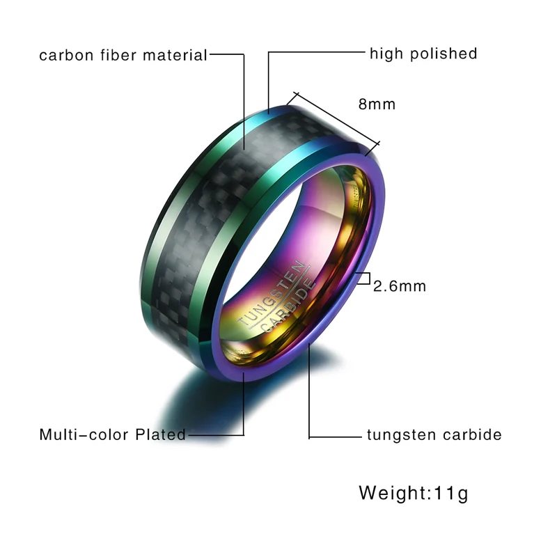 Кольцо мужское из углеродного волокна шириной 8 мм и толщиной 2 6 мм|ring wedding|thick