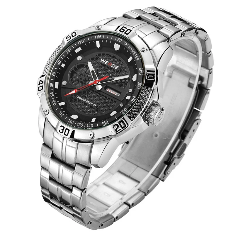 WEIDE Multifunction Men Sport Watch Solar Energy Date Quartz Digital Calendar Waterproof Stainless Steel Band  Wristwatch Clock 